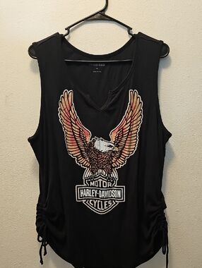 Harley-Davidson Black Tank with Eagle Graphic and scrunch sides.